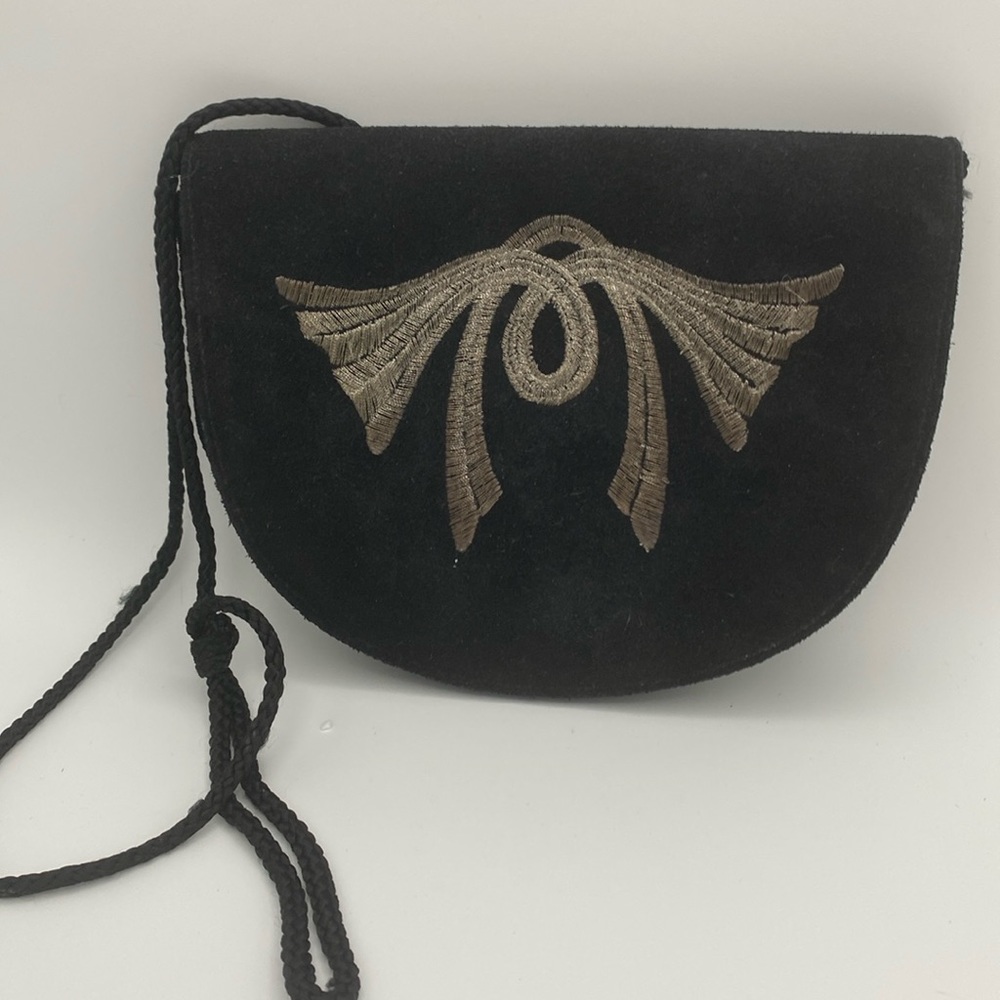 VTG Lord & Taylor black suede crossbody purse 8x6”